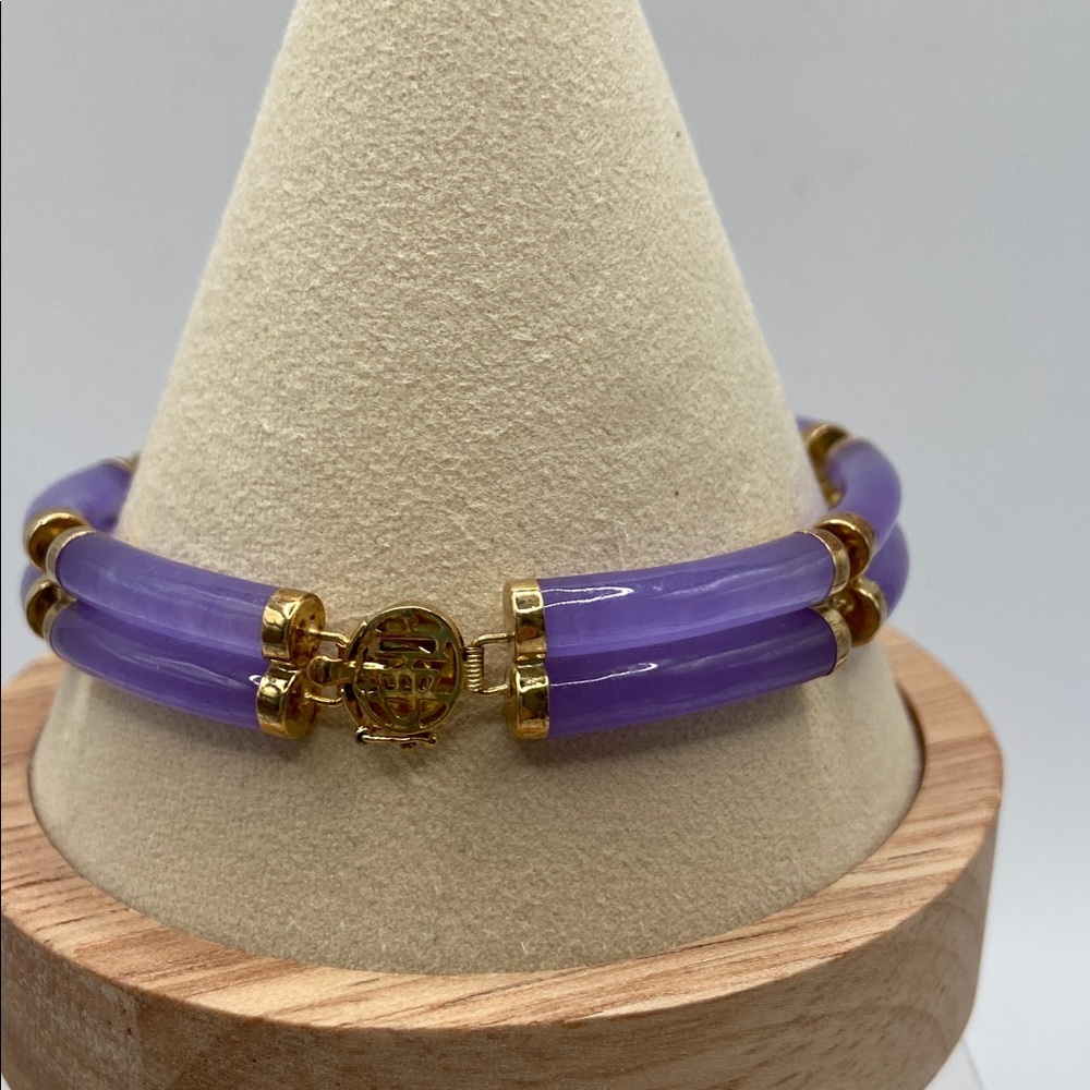 Vintage 14K Yellow Gold Double Row Good Fortune Lavender Jade Bracelet 8 1/4”L - Picture 2 of 8